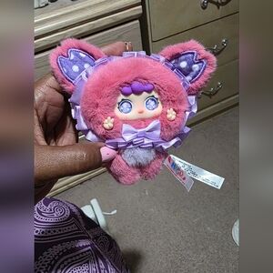 4 Pieces Included, Pink Plush Fantasy Character Keychain - Cute Purple Accents